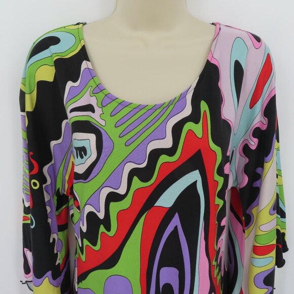 Cache Women Medium Groovy Disco Swirl Multicolor Retro Scoop Neck All Silk Dress - Picture 2 of 11